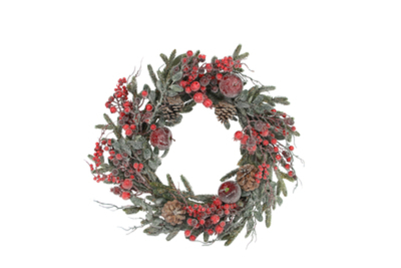 This Frosted Red Berry Fruit and Fir Door Wreath is by designer Gisela Graham.  This Christmas wreath is a statement piece all doors deserve. Would make an ideal gift for someone special or as a treat to yourself to hang on your front door or internal door or wall. It will delight for years to come and will compliment any Christmas deccorations  year after year. Remember Booker Flowers and Gifts for Gisela Graham Christmas Decorations. Matching Garland available.